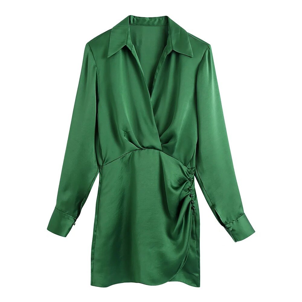 TRAF Women Fashion Pleated Soft Touch Wrap Mini Dress Vintage Long Sleeve Side Buttons Female Dresses Vestidos Mujer