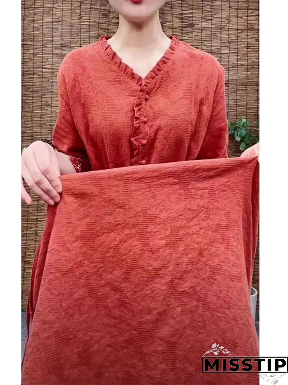 Embroidered V-neck Cotton Linen Dress Loose Lace Up Long Skirt