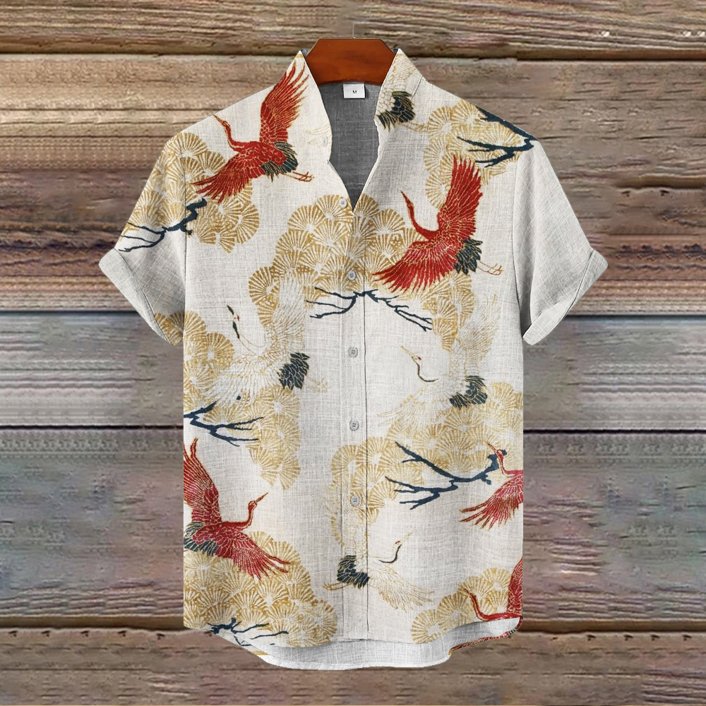 Japanese Crane Vintage Art Men's Linen Short Sleeve Shirt  artssus
