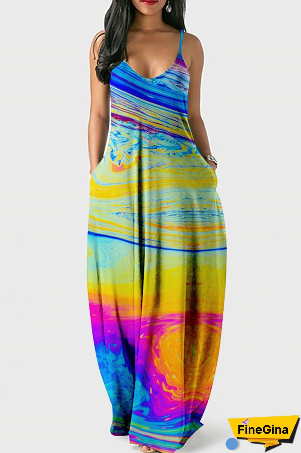 Multicolor Street Print Patchwork Spaghetti Strap Lantern Dress Dresses