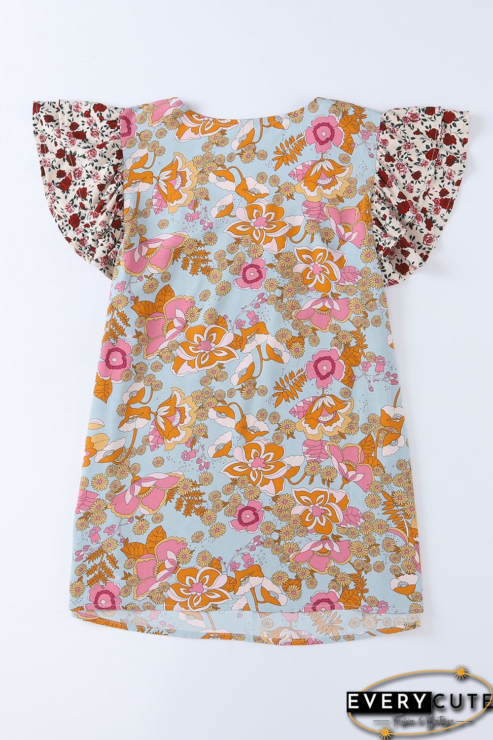 Multicolor Lace Trim Mix Floral Printed Contrast Ruffle Sleeve Blouse