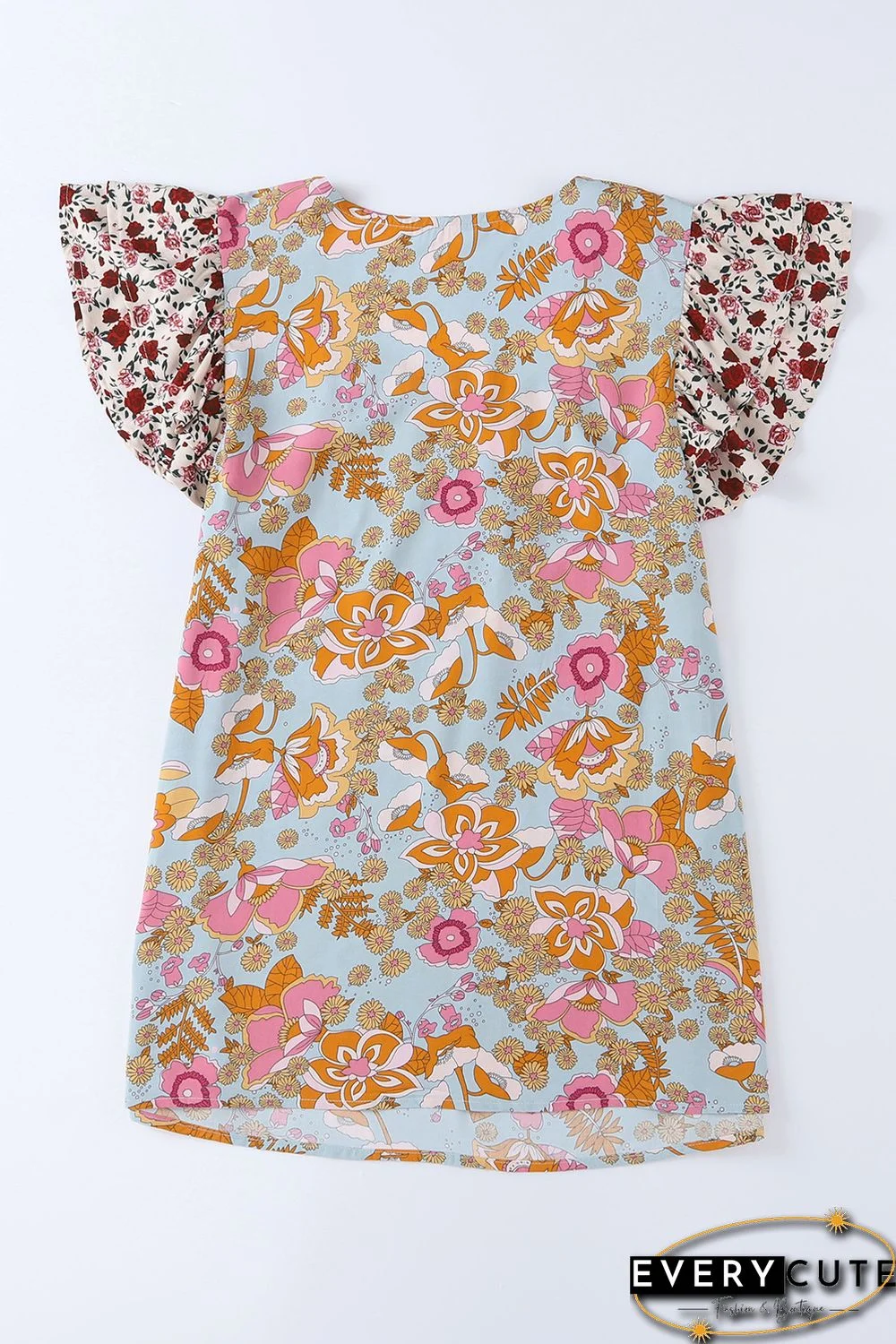 Multicolor Lace Trim Mix Floral Printed Contrast Ruffle Sleeve Blouse