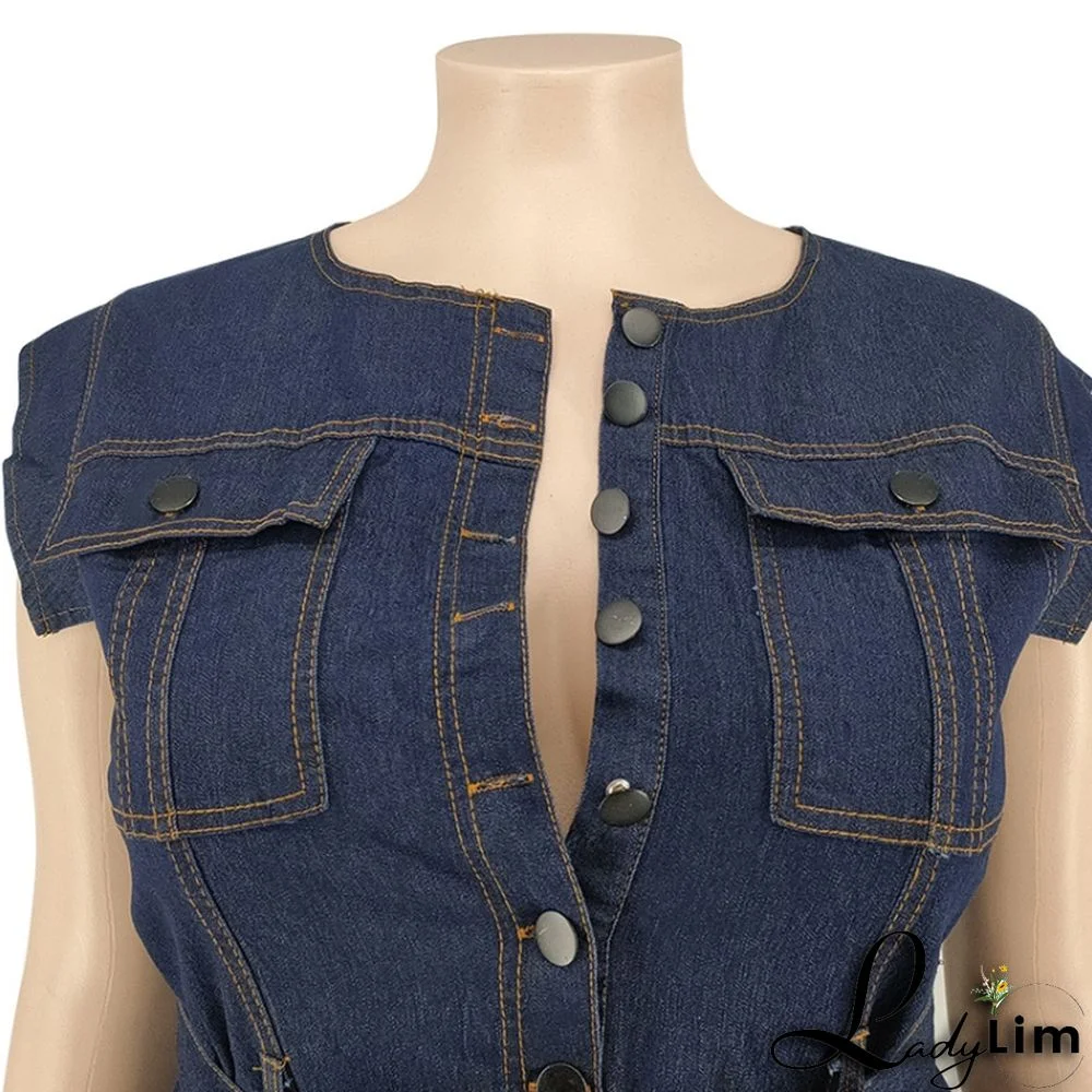 Summer Plus Size Sleeveless Denim Jumpsuit with Belt