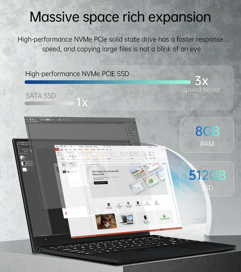 KUU Flexones 14.1 inch Black Flexible Laptop Intel i3-1115G4 Processor Up to 3.0GHz 8GB DDR4 RAM 521GB SSD PCIe 12