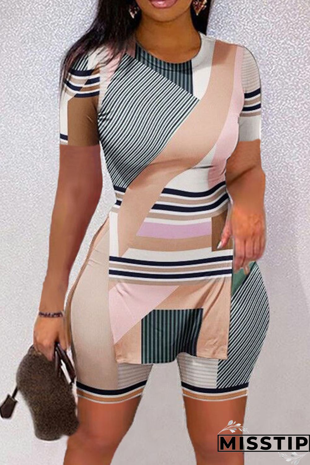 Red Casual Print Patchwork Slit O Neck Short Sleeve Two Pieces