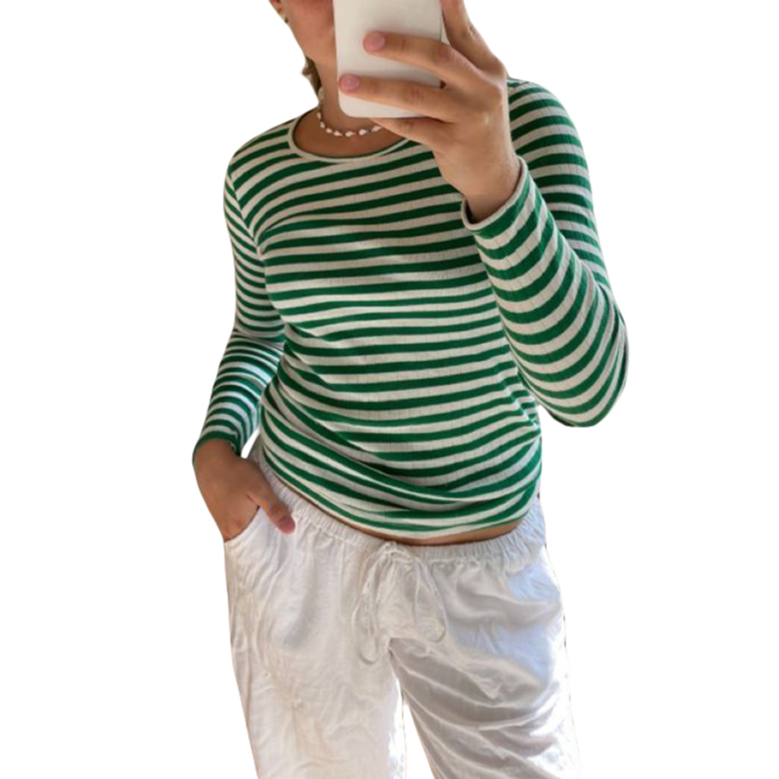 Autumn Ribbed Knitted T-Shirts Women Striped Print Contrast Color Slim Fit Long Sleeve Round Neck Casual Tops | Shinesparkplay