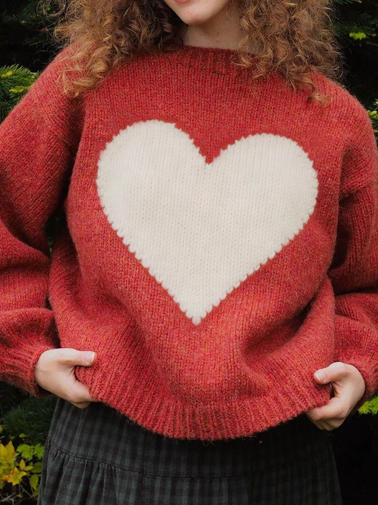 Retro Valentine's Day Heart Pattern Cozy Knit Sweater wearshes