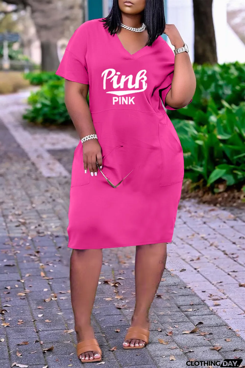 Red Fashion Casual Letter Print Basic V Neck Short Sleeve Dress Dresses