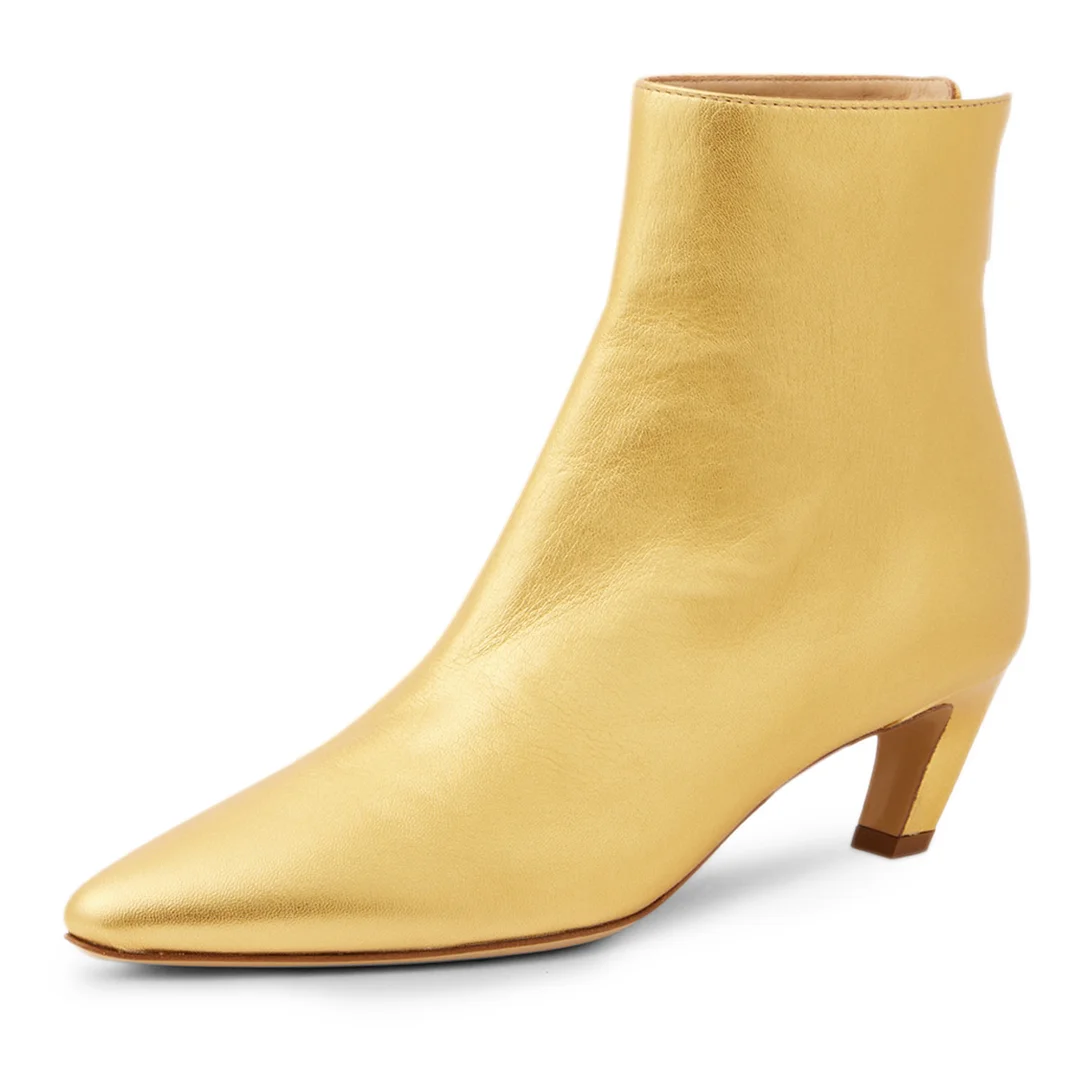 Vegan Leather Pointed Toe Back-Zip Kitten Heel Gold Ankle Boots