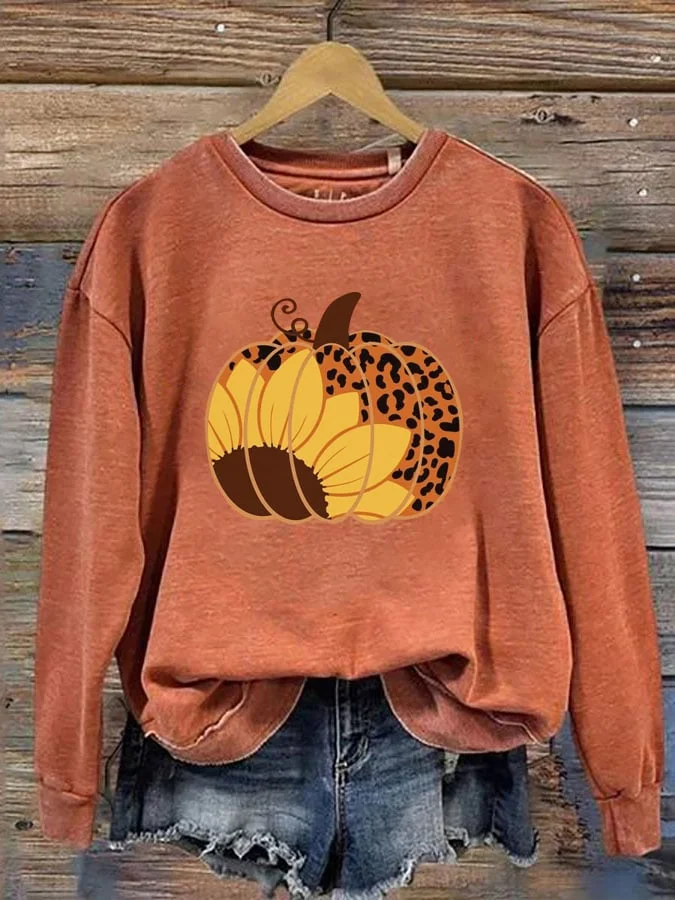 Women's Happy Thanksgiving Pumpkin Sunflower Printed Round Neck Long Sleeve Sweatshirt