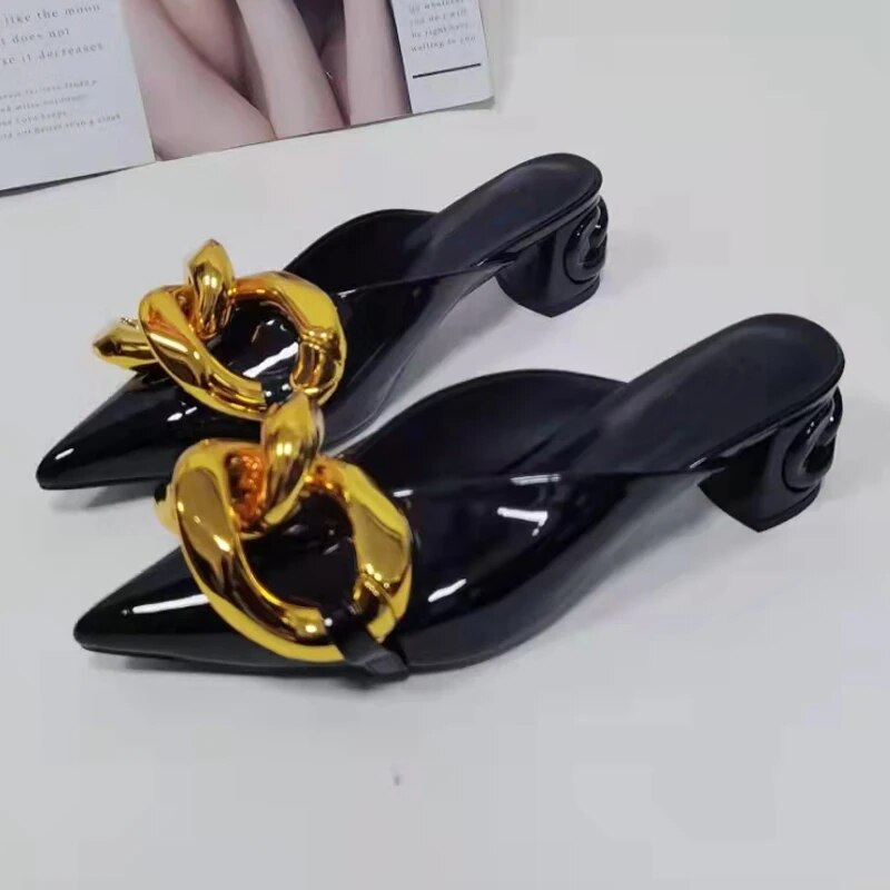 Chain Slippers Woman Pointed Toe Red Black Leather Low Heels Shoes Lady Gladiator Sandals