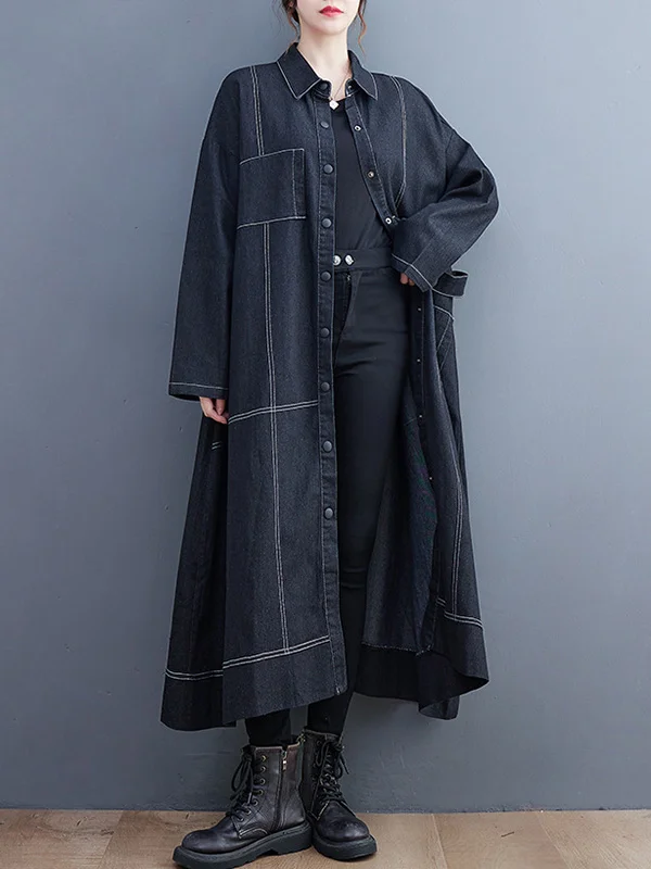Casual Loose Long Sleeves Buttoned Lapel Collar Denim Trench Coats