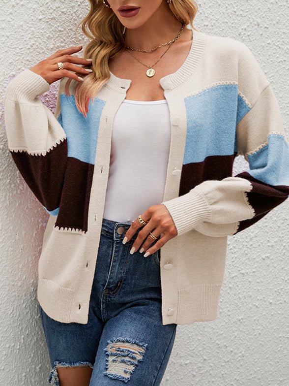 Women's Scoop Neck Long Sleeve Striped Coat Knit Sweater