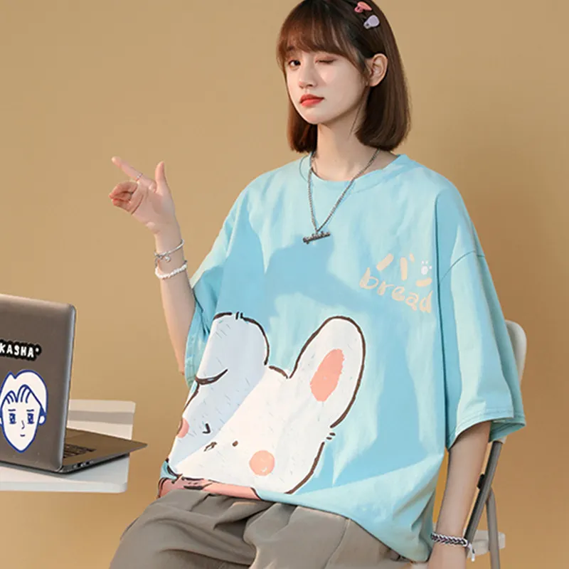 Cartoon Bunny Print Round Collar Casual T-Shirt