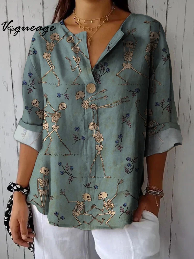 Fashionable Simple And Creative Skull Plants Printed Cotton And Linen Shirt