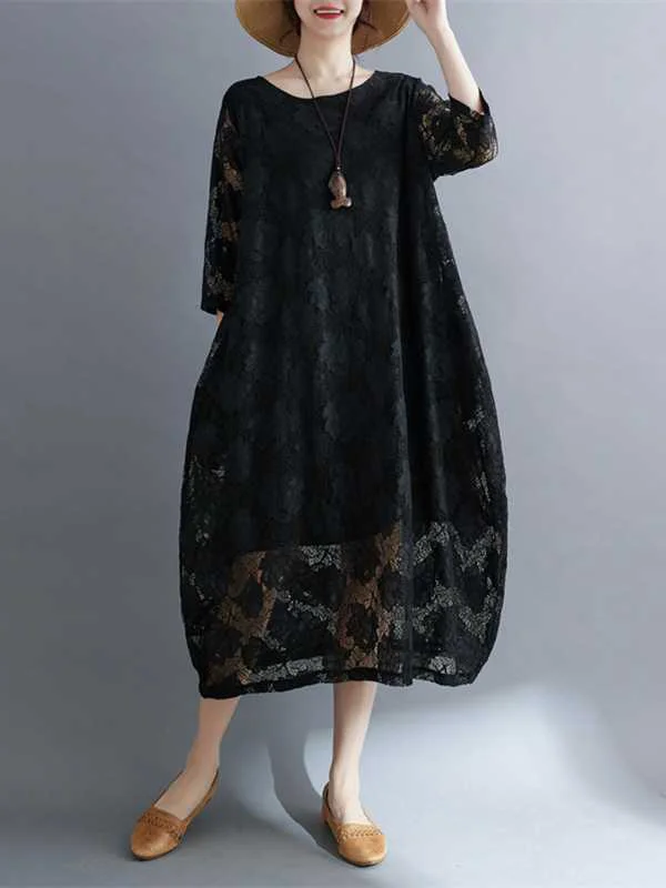 Hollow Solid Color Half Sleeves Loose Round-Neck Midi Dresses
