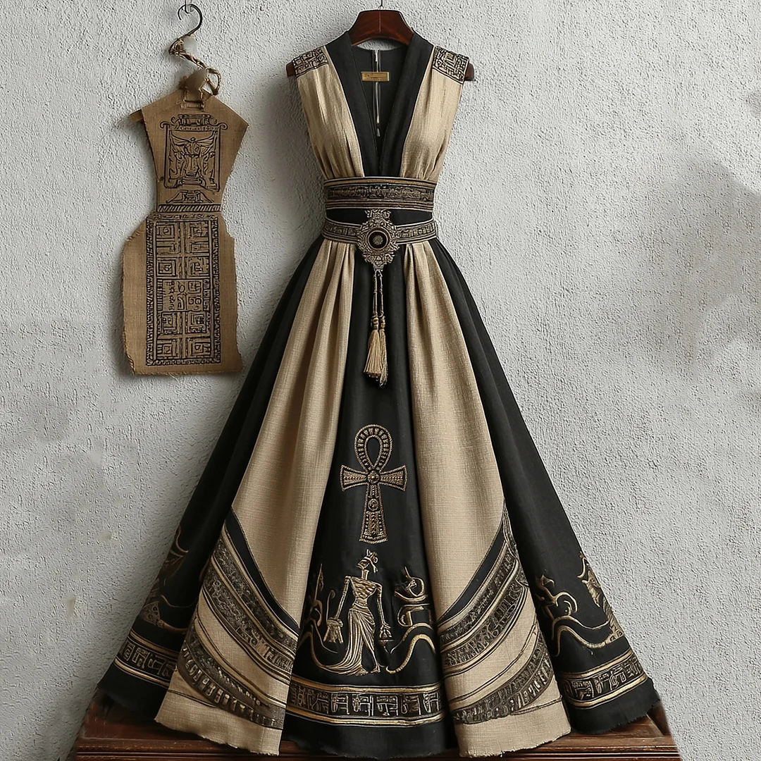 Vintage Ankh Ancient Egyptian Embroidered Linen Maxi Dress