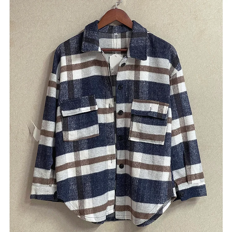 Women's Boyfriend Style Plaid Jacket Loose Lapel Fall Winter Outwear Single-Breasted Shacket