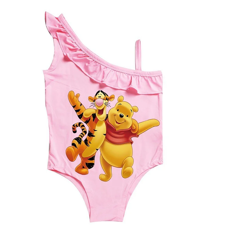 Mayoulove Pooh Bear Winnie And Tiger Print Little Girls Ruffle 1 Piece Swimwear-Mayoulove
