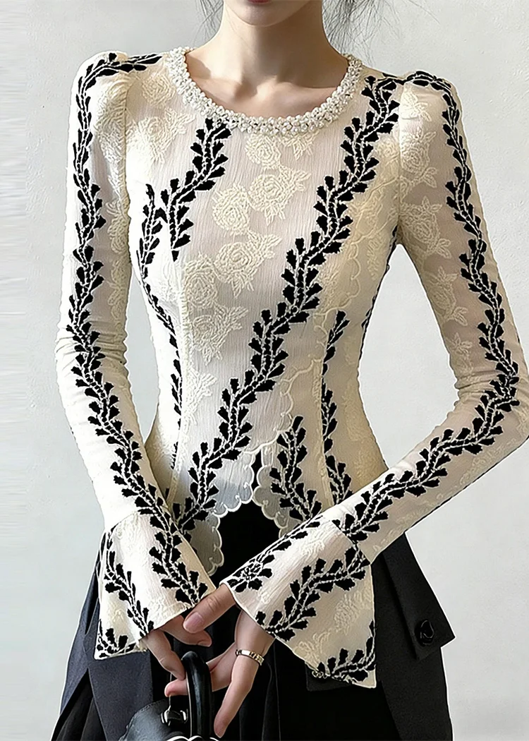 Stylish White Jacquard Chiffon Shirt Top Flare Sleeve