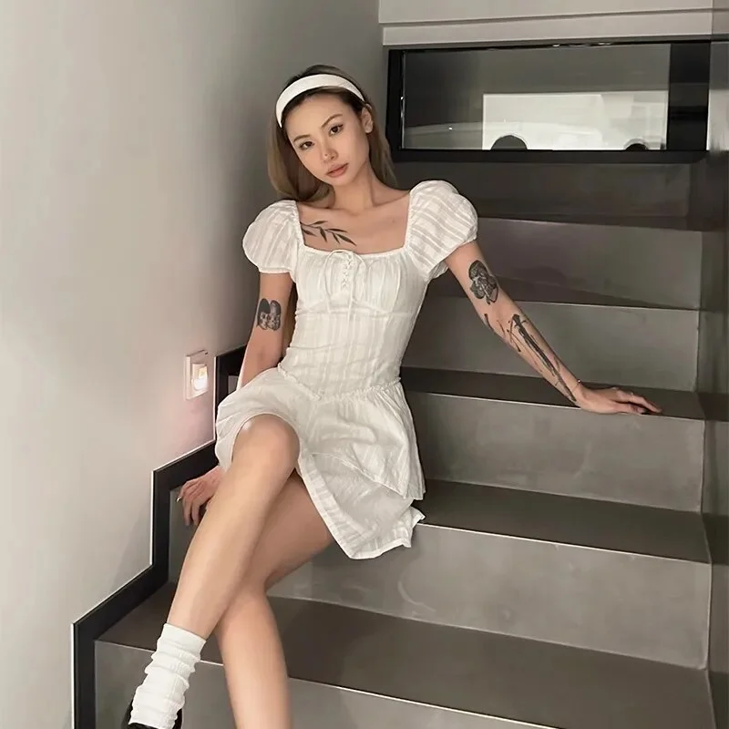 Zingj Casual Summer Female Sling Mini Dress Fashion Solid Color Square Neck High Waist A Line Dress Hot Sell Sexy Dress