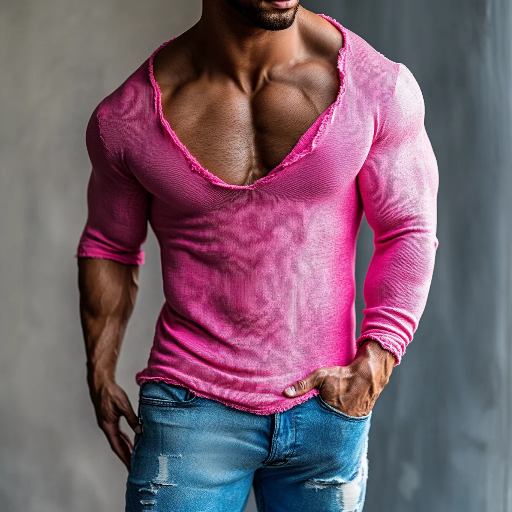  Stylish Pink V-Neck Muscle Fit Top for Men - Perfect for Casual and Fitness Wear
