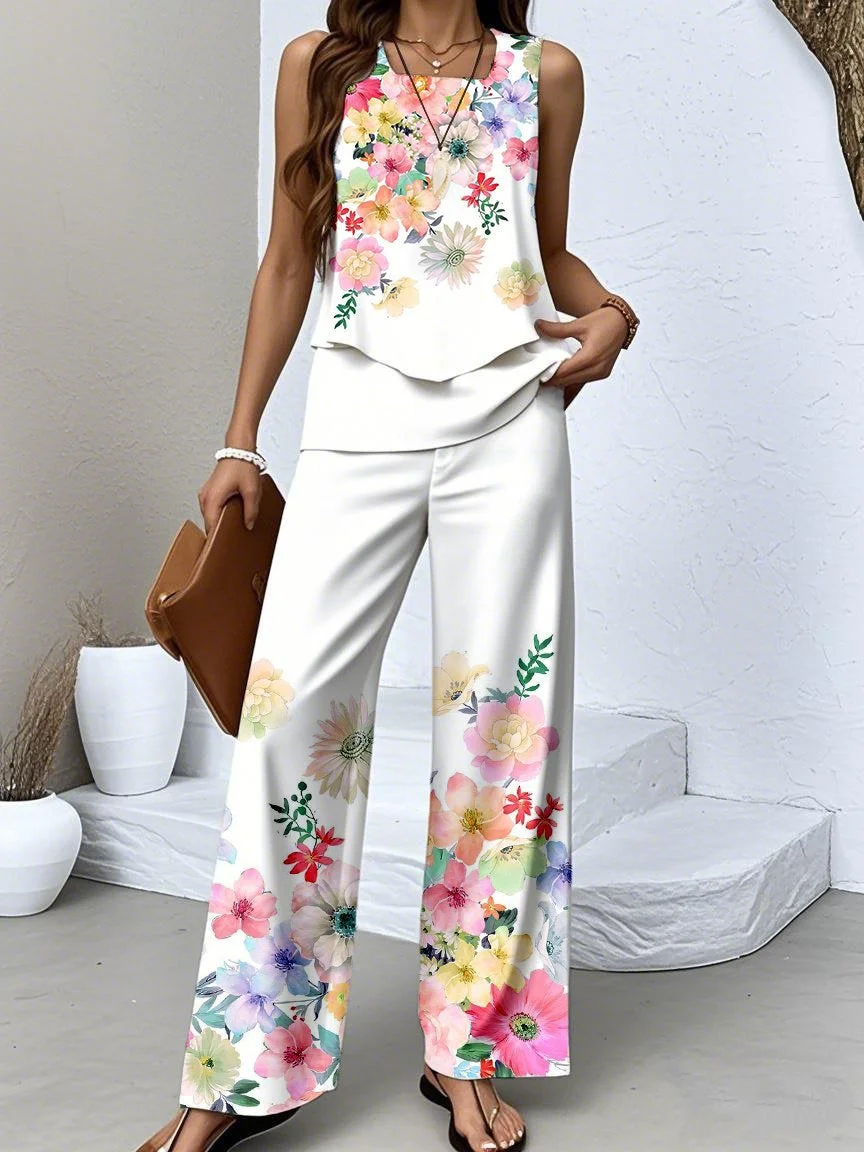 Women's Sleeveless Square Collar Floral Printed Casual Set