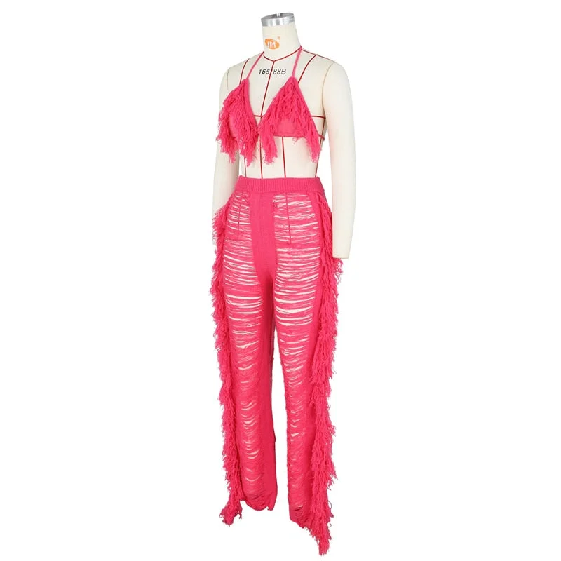 huibahe Women Sexy Tassel Knitted Pants Two Piece Set Summer Beach Holiday Suit