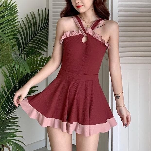 Sweet Cute Wine Red/Black Flouncy Swimsuit SS1239