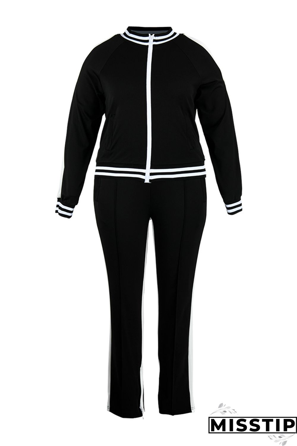 Black Fashion Casual Sportswear Zipper Collar Long Sleeve Regular Sleeve Patchwork Plus Size Set