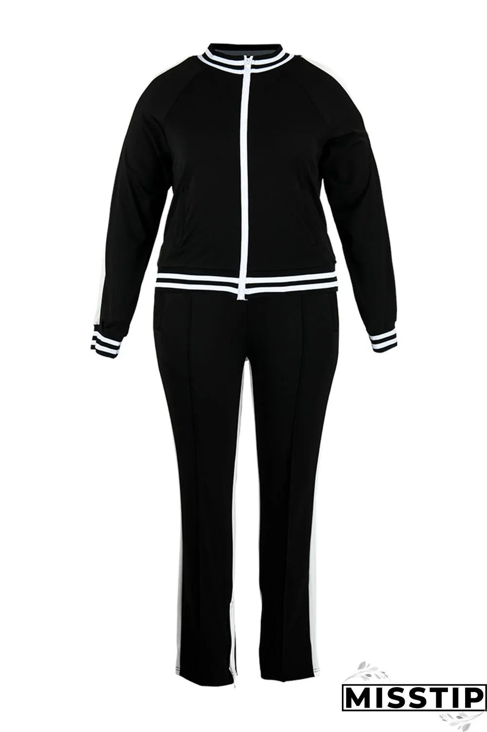 Black Fashion Casual Sportswear Zipper Collar Long Sleeve Regular Sleeve Patchwork Plus Size Set