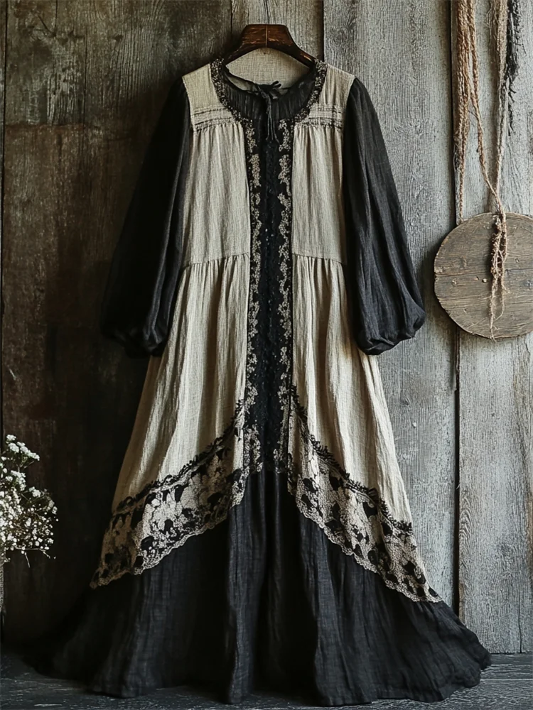 Vintage Classy Black Lace Contrast Patchwork Linen Maxi Dress