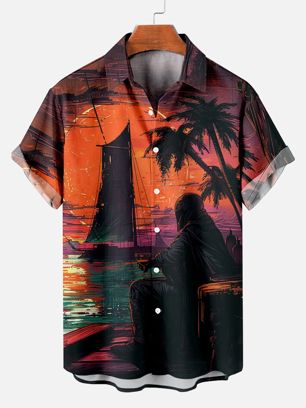 Vintage Hawaiian Warrior Enjoying the Sunset Short Sleeve Shirt PLUSCLOTHESMAN