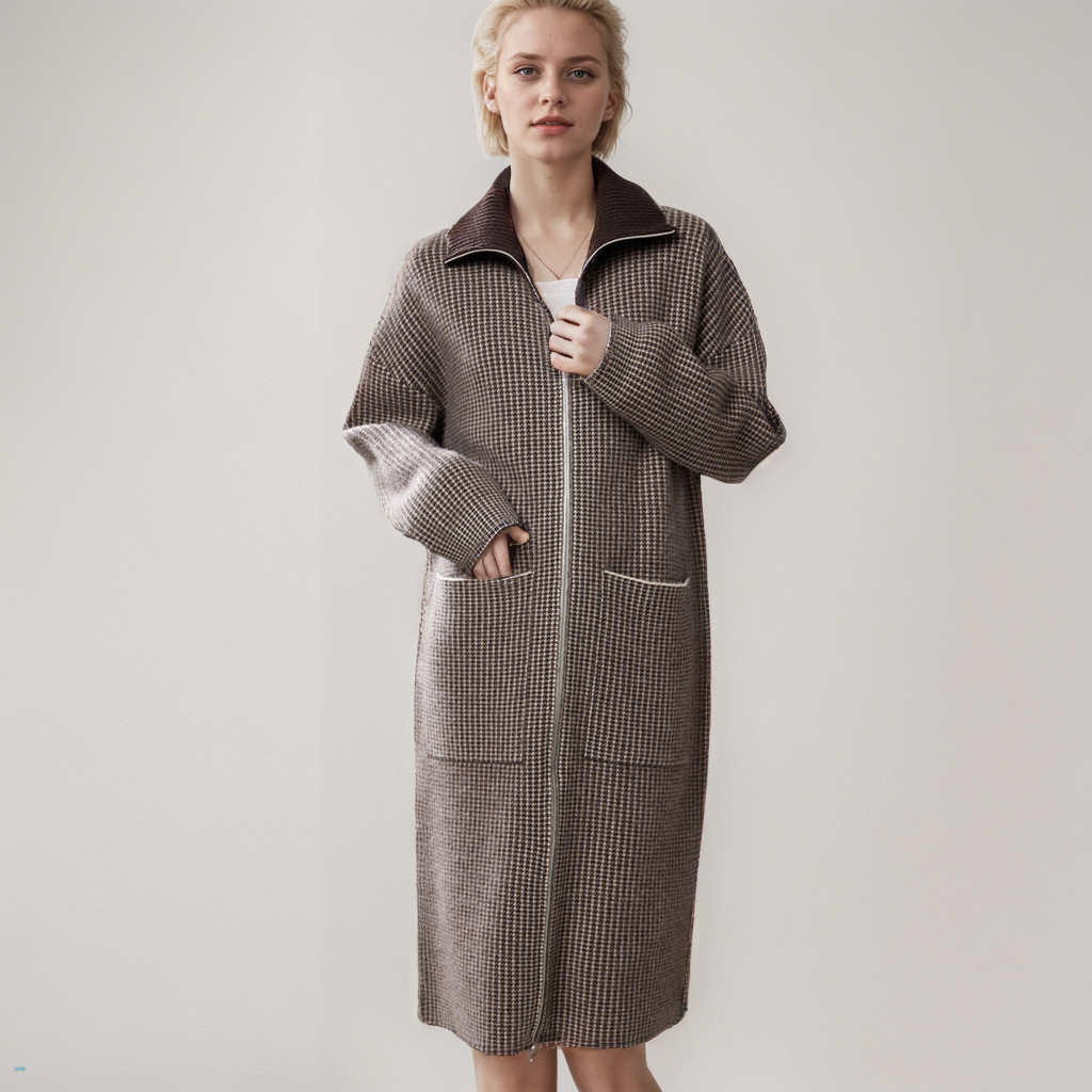 Cardigan à manteau long en cachemire à col roulé et à carreaux- SOIE PLUS