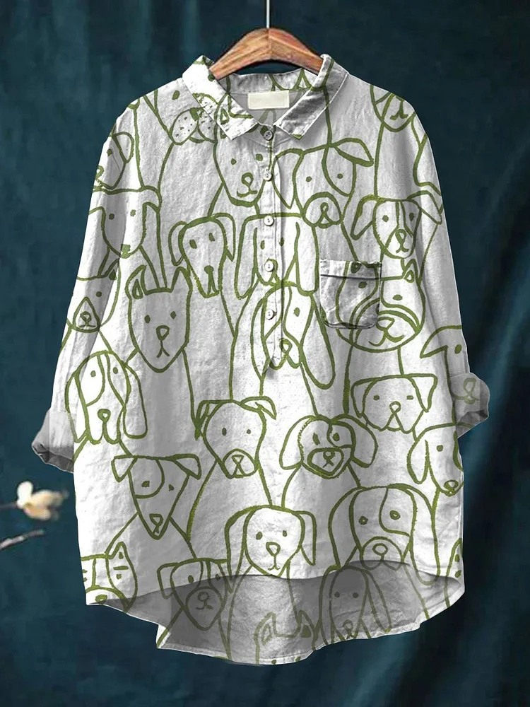 Women's Dog Art Print Casual Cotton And Linen Shirt
