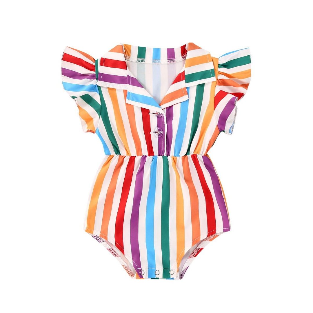 2020 Baby Summer Clothing Baby Girl Romper Colorful Striped Rainbow Vertical Stripes Shirt Style Single-breasted High Waist