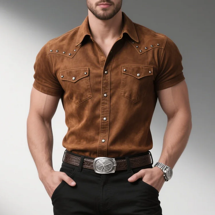 Okaywear Studded Turndown Collar Flap Pocket Short Sleeve Suede Shirt 