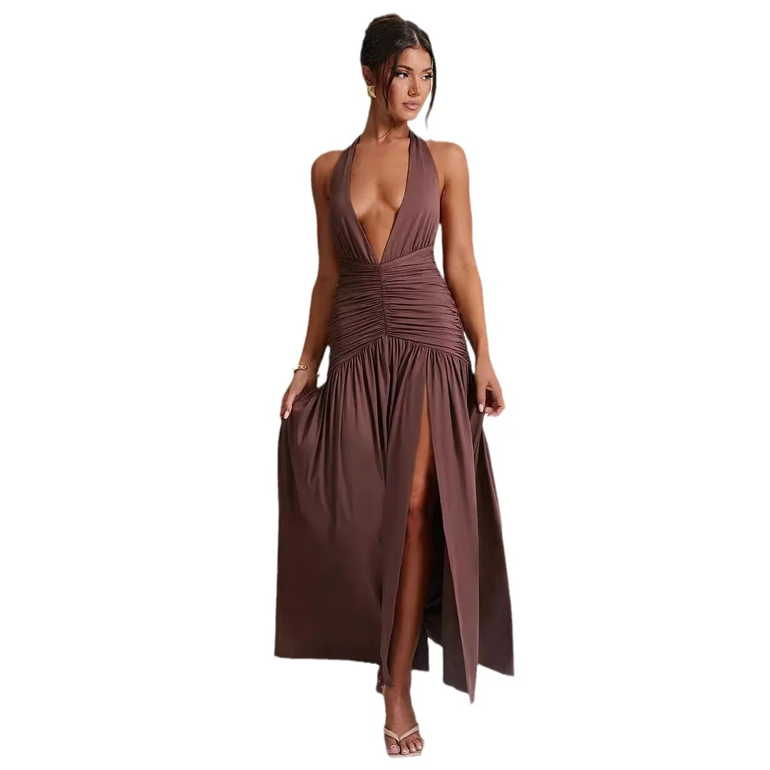 Uveng Uveng Ins Dress Spring And Summer Sexy Hot Girl Tie V Neck Tie Open Back Slit Stylish Temperament Dress