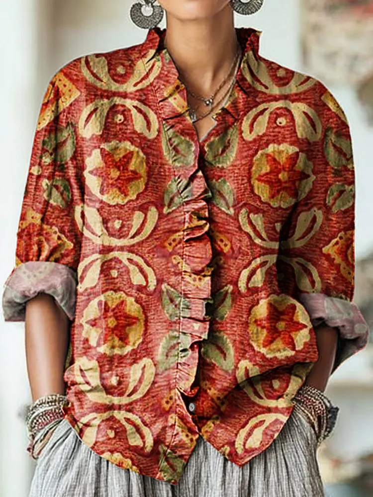 Women's Vintage Ethnic Floral Painting Art Print Casual Cotton And Linen Ruffle Shirt