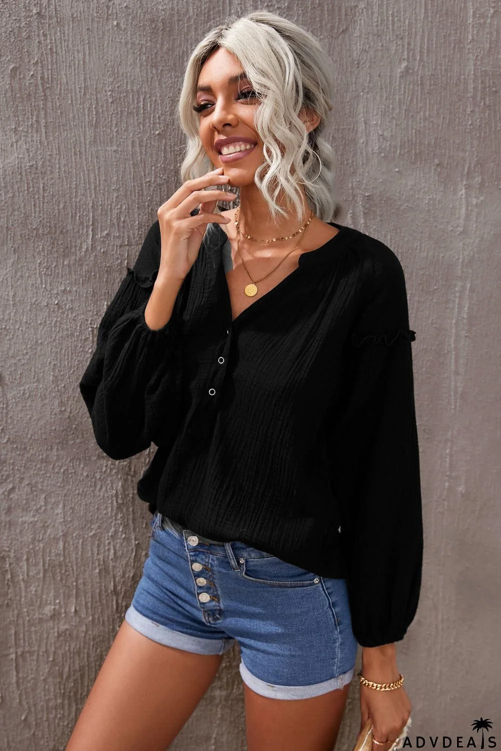 Casual Balloon Sleeve Crinkled Top