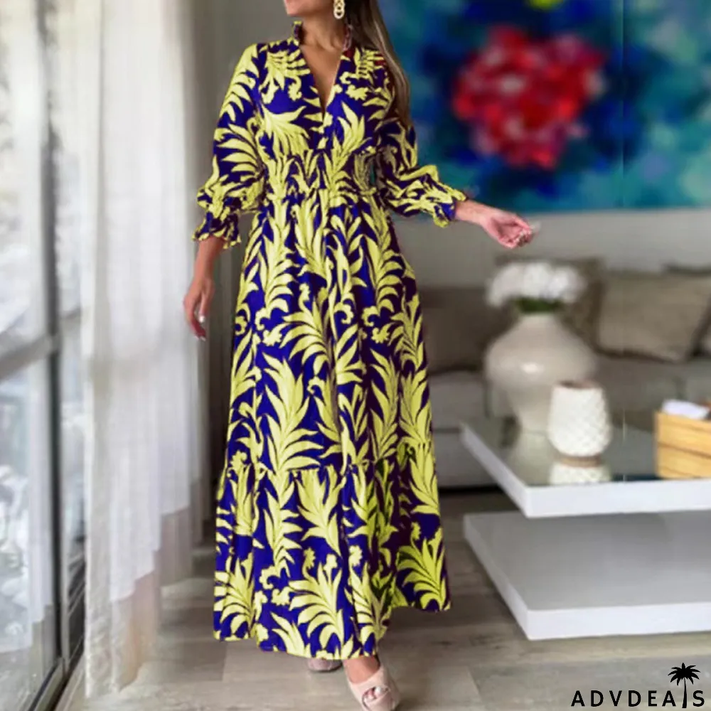 Women Spring Long Sleeve Bohemian Print Maxi Dress