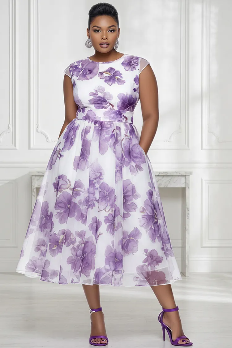 Xpluswear Design Plus Size Wedding Guest Elegant Purple Floral Round Neck Cap Sleeve Pocket Chiffon Midi Dresses [Pre-Order] 2024 - Xpluswear
