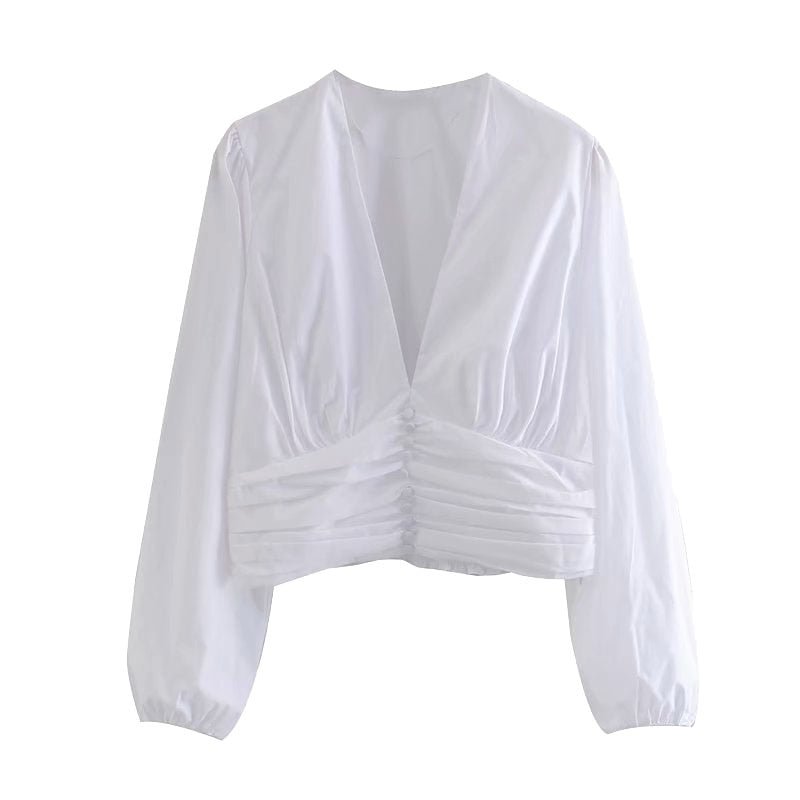 TRAF Women Fashion Decorative Buttons Pleated Cropped Blouses Vintage Long Sleeve Side Zipper Female Shirts Chic Tops