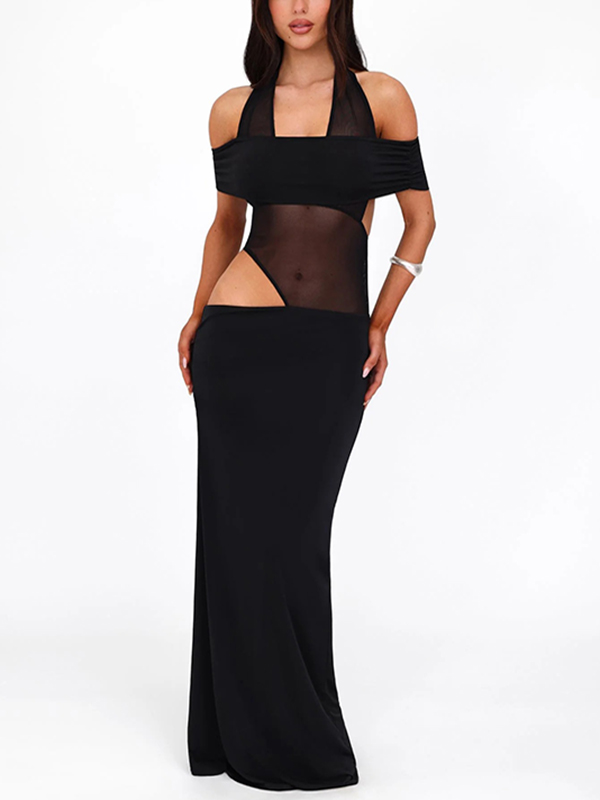 Asymmetrical Cutout Sheer Halter Neck Maxi Dress