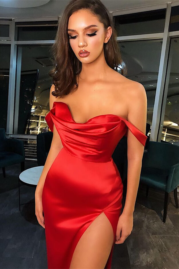 Sexy Red Mermaid Sweetheart Off The Shoulder Prom Dress With Slit Ballbellas 4793