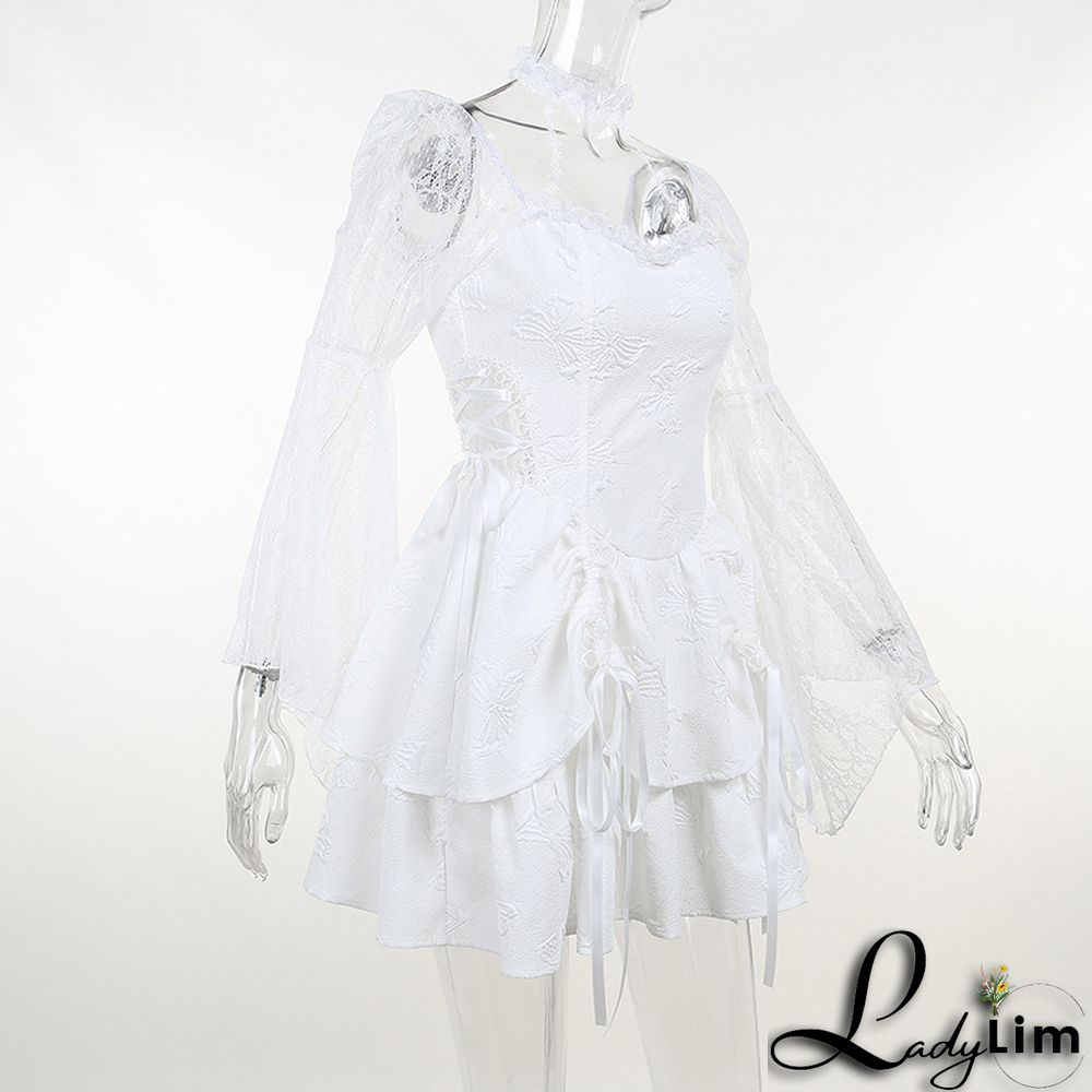 Fall Halter Neck Double Butterfly Lace Long Sleeve A-Line Swing Dress