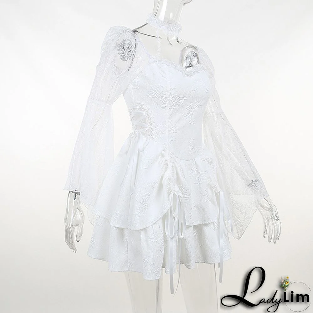 Fall Halter Neck Double Butterfly Lace Long Sleeve A-Line Swing Dress