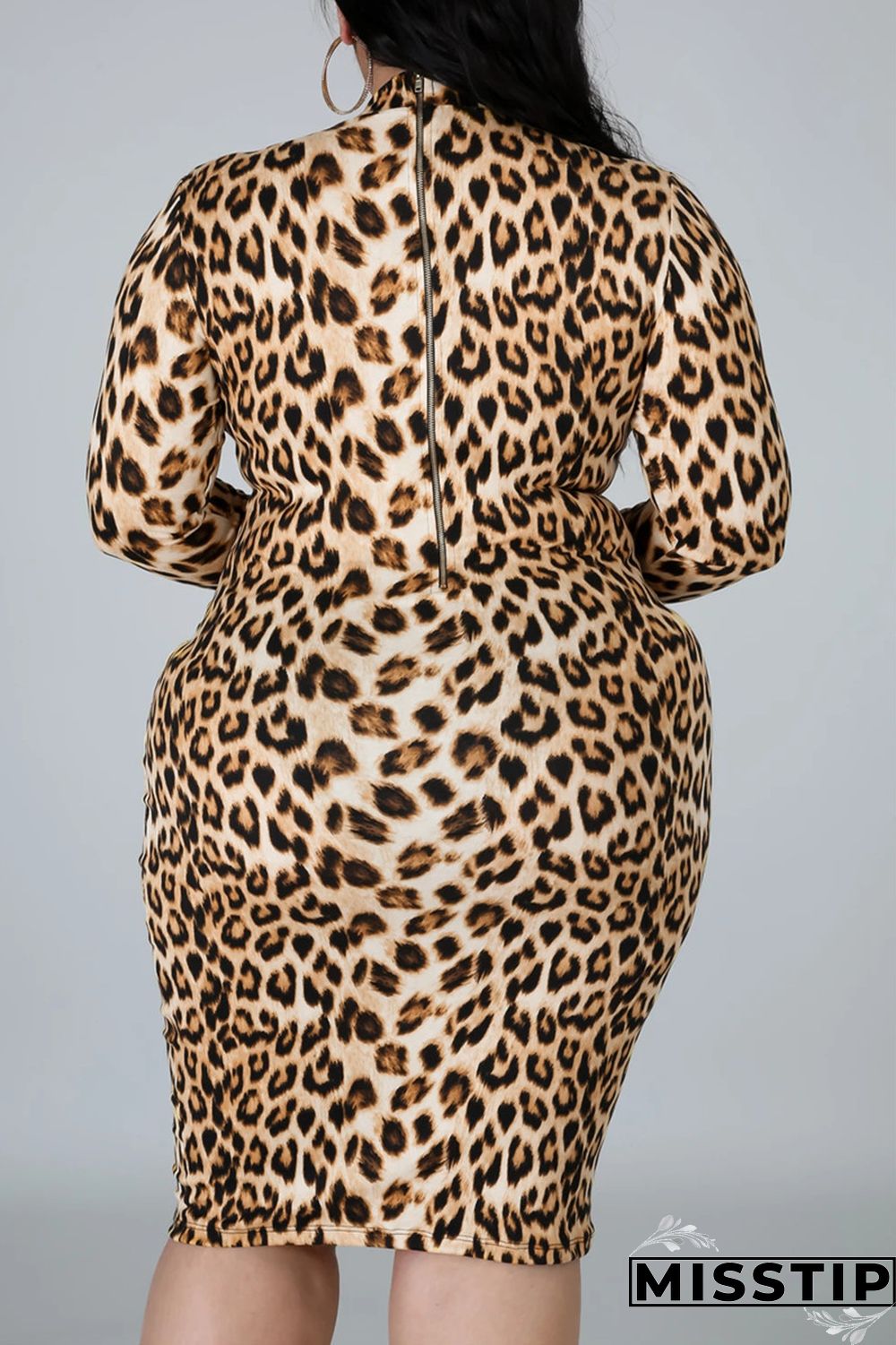 Leopard Print Fashion Casual Print Basic Half A Turtleneck Long Sleeve Plus Size Dress