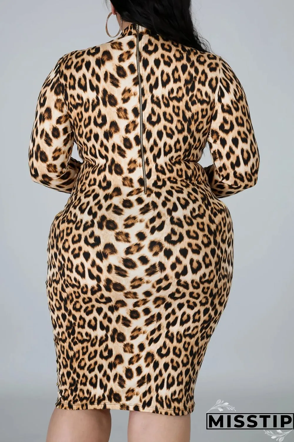 Leopard Print Fashion Casual Print Basic Half A Turtleneck Long Sleeve Plus Size Dress