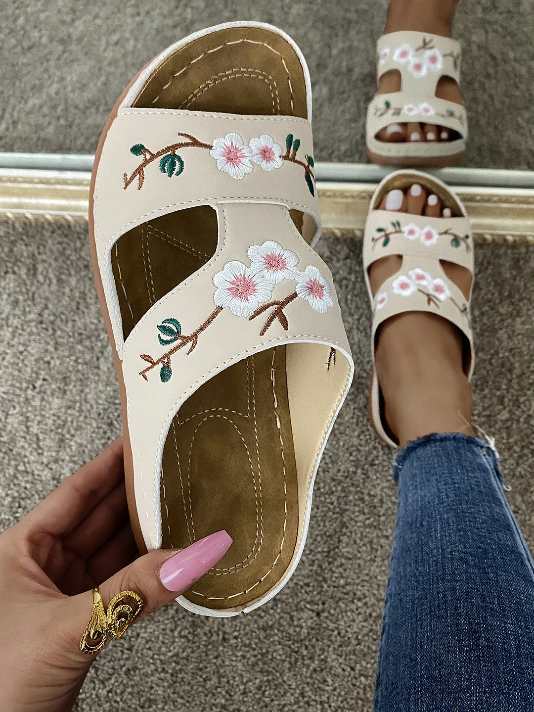 Breakj Breakj Large-Size One-Size-In-One Slippers Women's Summer Roman Shoes Heel Thick-Soled Sandals Embroidered Women's Cool Slippers